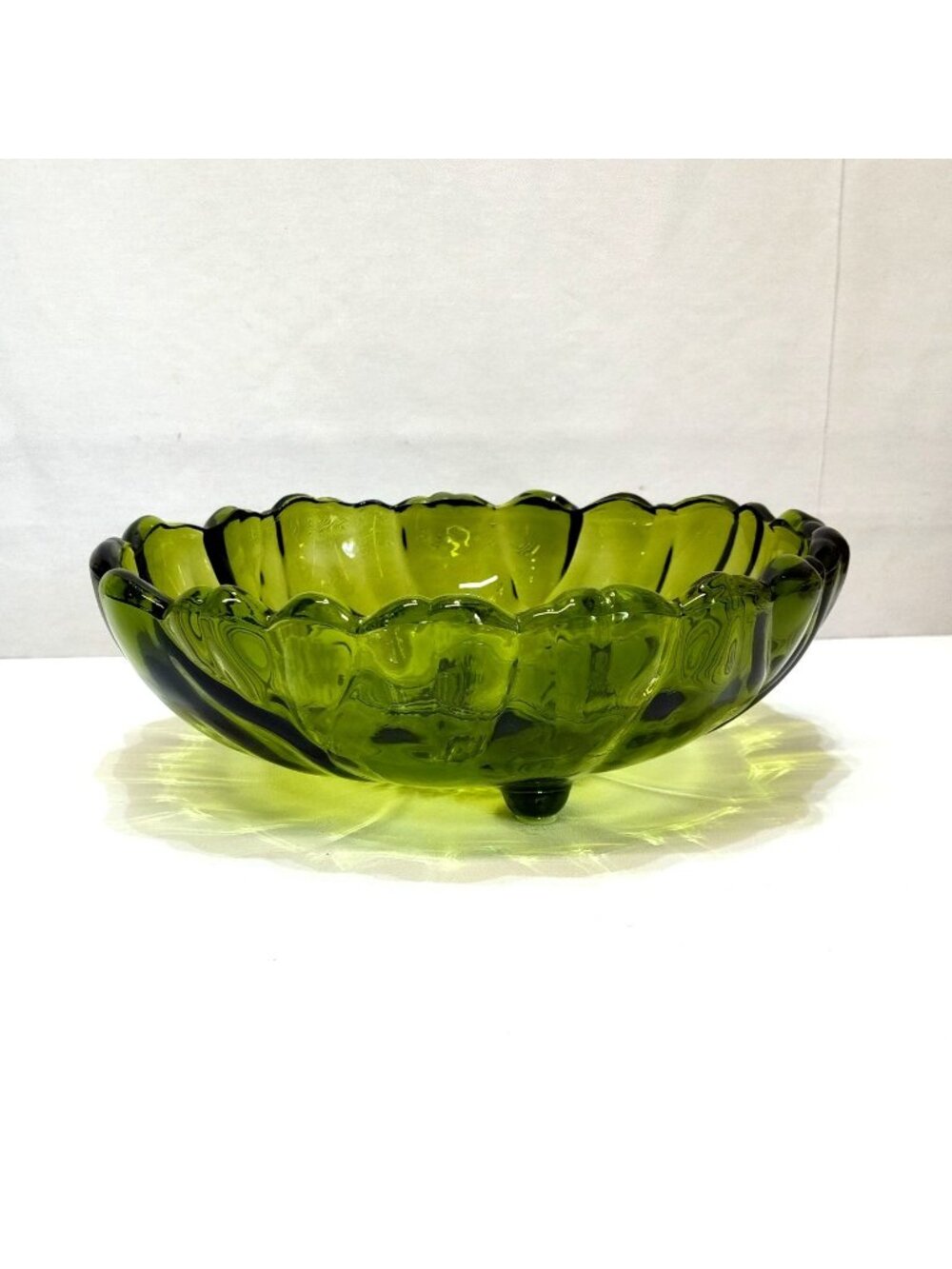 Colony Indiana Green Glass Footed Serving Bowl Sunflower Pattern Scalloped Edge